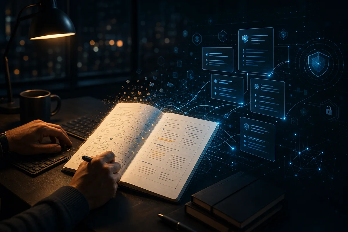 A cinematic dark editorial illustration of human-AI collaboration turning rough ideas into structured notes.